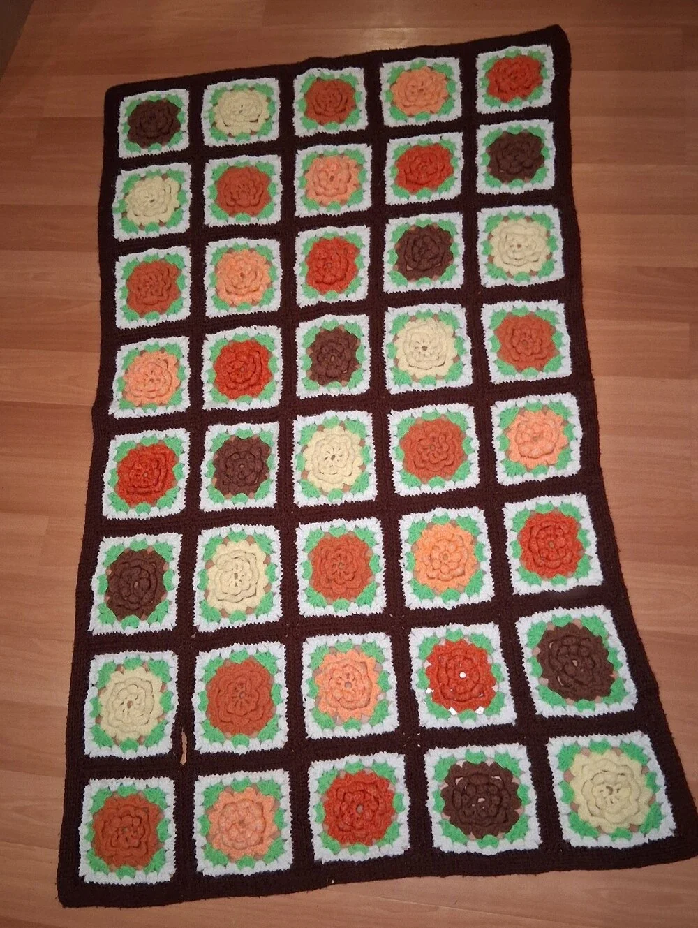Handmade Brown Crochet Flower Throw Blanket with Orange, Cream & Green Accents